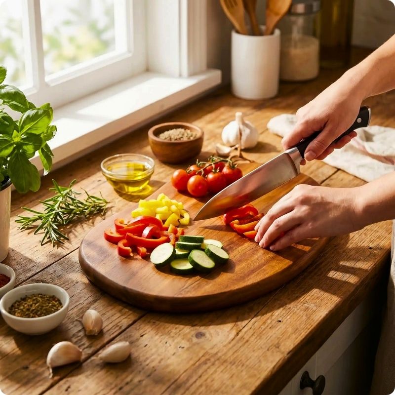 Planche à découper en bois intemporell'ine utilisée pour couper des légumes