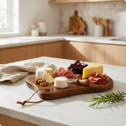 Planche à découper en bois intemporell'ine sur plan de travail avec fromage et charcuterie