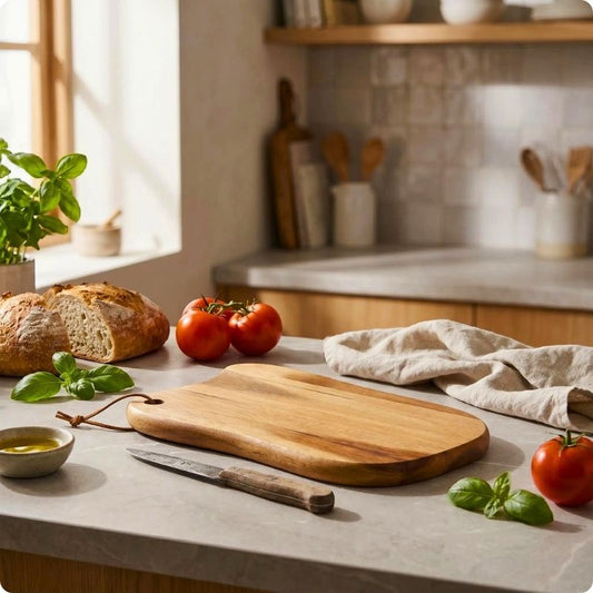 Planche à découper en bois intemporell'ine posée sur une table avec couteau