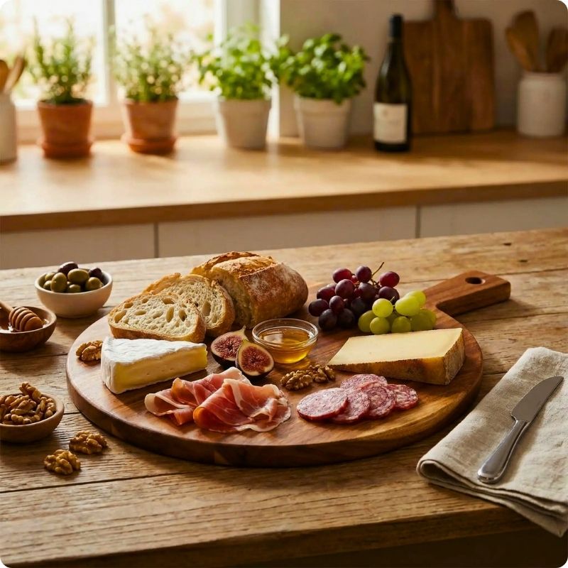planche à découper en bois la belle ronde avec charcuterie et fromage dessus