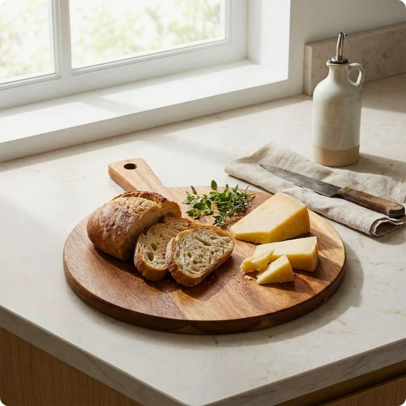 planche à découper en bois la belle ronde avec fromage et pain dessus