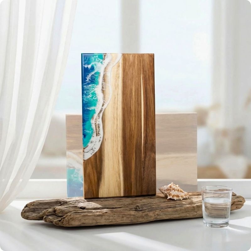 Planche à décuper en bois oceawood posée debout sur une table