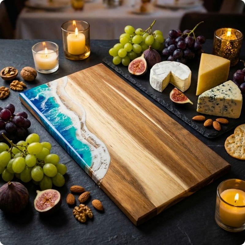 Planche à décuper en bois oceawood posée sur une table  côté d'un plateau de raisisn et fromage