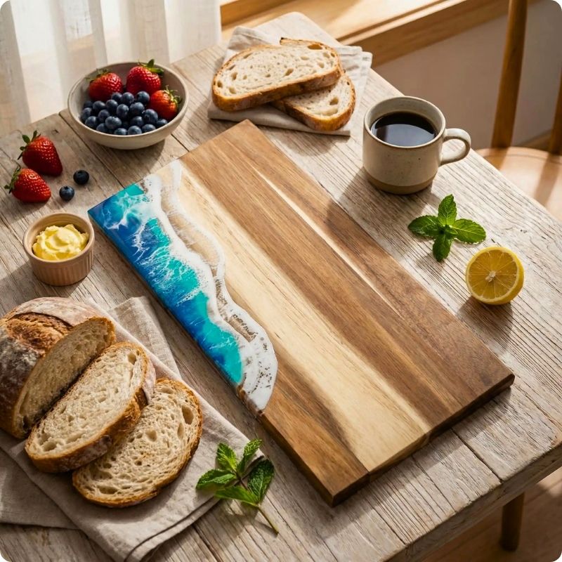 Planche à décuper en bois oceawood posée sur une table à côté d'un pain