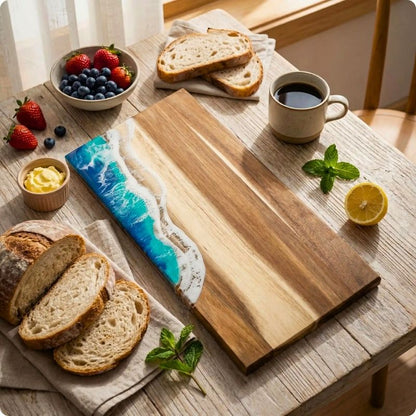 Planche à décuper en bois oceawood posée sur une table à côté d'un pain