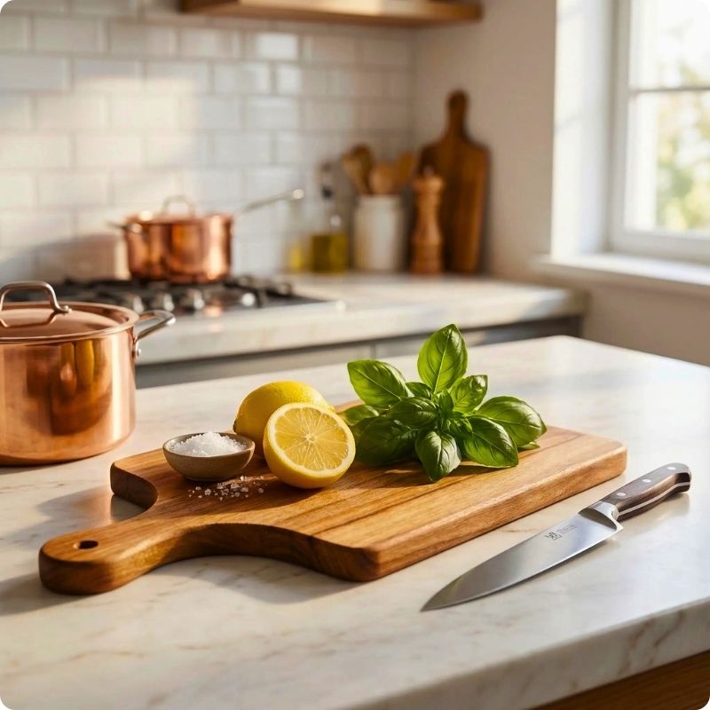Planche à découper en bois rusticac'ine avec citron coupé dessus