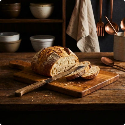Planche à découper en bois rusticac'ine avec pain posé dessus