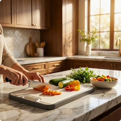 Planche à découper hygiénique utilisée pour couper des carottes