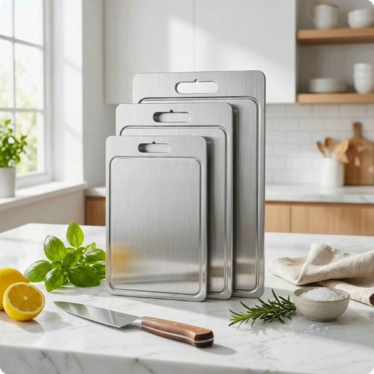 Planche à découper inox'ine posée debout dans une cuisine