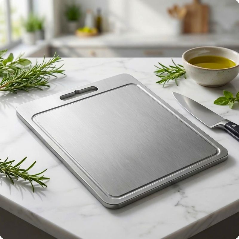 Planche à découper inox'ine posée sur plan de travail