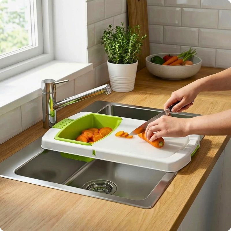 Planche à découper plastique évolu'ine utilisée pour coupe carotte sur évier