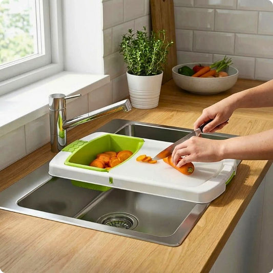 Planche à découper plastique évolu'ine utilisée pour coupe carotte sur évier