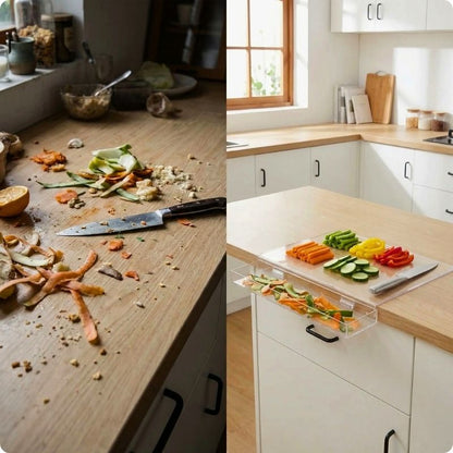 Planche à découper pour plan de travail glass'ine mise en avant dans une scène avant-après