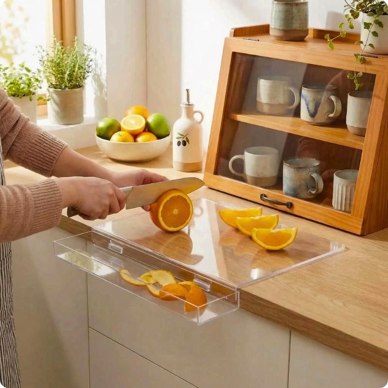 Planche à découper pur plan de travail glass'ine utilisée pour couper une orange