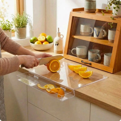 Planche à découper pur plan de travail glass'ine utilisée pour couper une orange