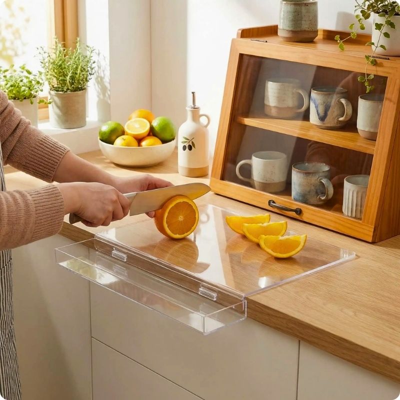 Planche à découper pour plan de travail utilisée pour couper une orange en quartier