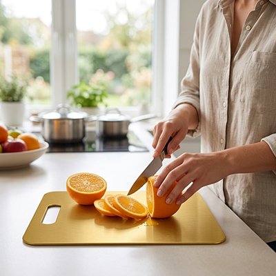 Planche à découper utilisée par une femme en cuisine qui découpe une orange