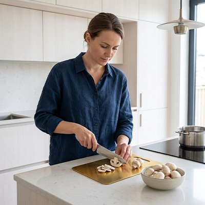 Planche à découper utilisée par une femme en cuisine qui découpe des champignons