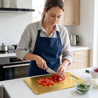 Planche à découper utilisée par une femme qui découpe un poivron rouge