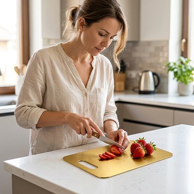 Planche à découper utilisée par une femme en cuisine qui découpe des fraises