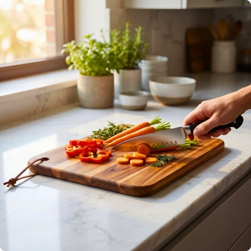 Planche pour cuisine double fac'ine  utilisée pour couper légumes avec un couteau