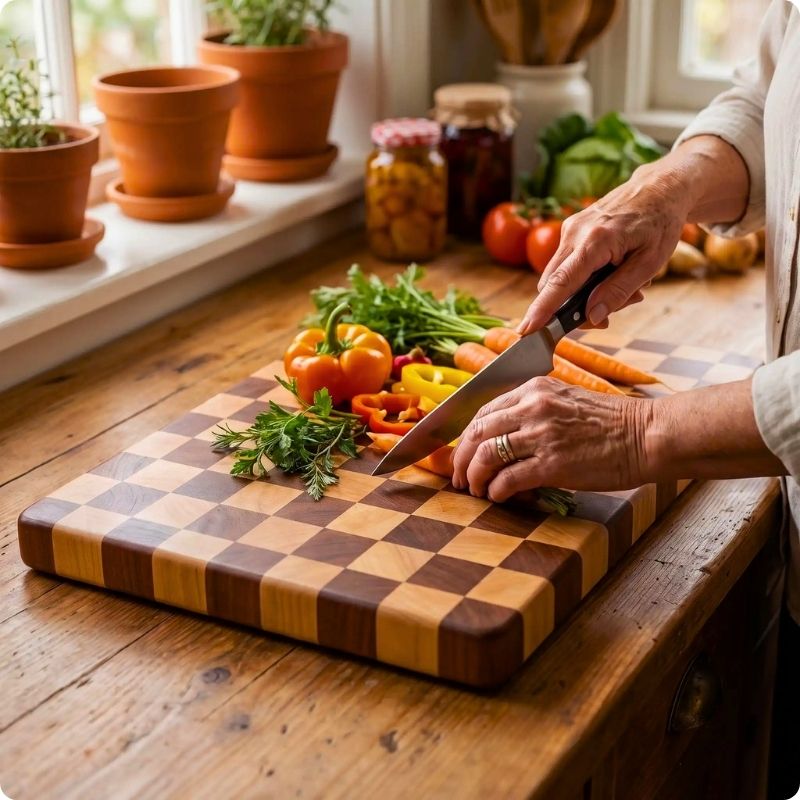 Planche à découper en bois damiér'ine utilisée pour couper des légumes