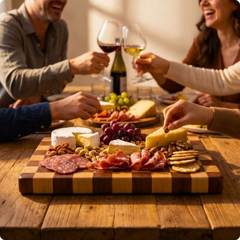 Planche à découper en bois damiér'ine utilisée comme plateau de charcuterie