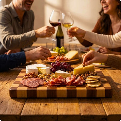 Planche à découper en bois damiér'ine utilisée comme plateau de charcuterie