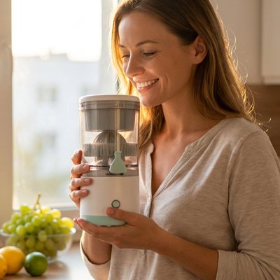 Presse agrume électrique dans les mains d'une femme qui sourit en cuisine