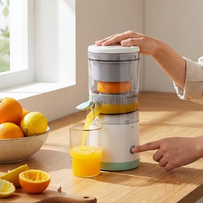 Presse agrume électrique utilisé par une personne qui fait coulé un jus d'orange frais