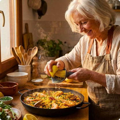 Presse agrume manuel agrum'ine utilisé pour presser citron au dessus poele de paella