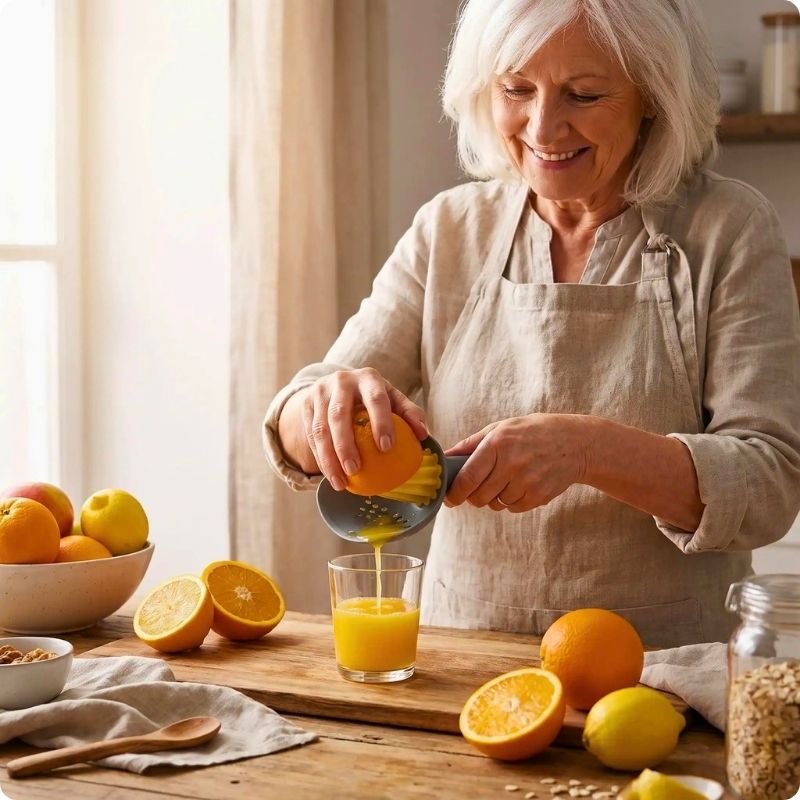 Presse agrume manuel agrum'ine utilisé pour presser une orange au dessus d'un verre