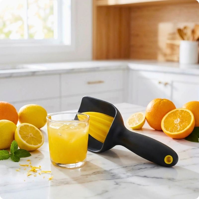 Presse agrume manuel agrum'ine posé sur plan de travail côté verre jus orange