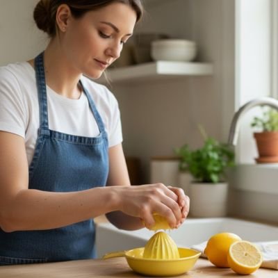 Presse agrume jaune zitron'ine utilisé par une femme qui presse des citrons