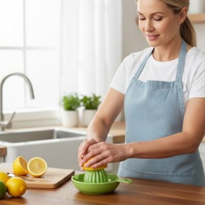 Presse agrume zitron'ine vert utilisé par une femme en cuisine avec des citrons