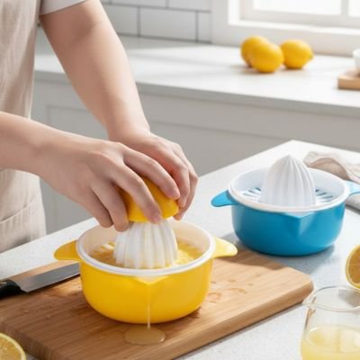 Presse agrumes manuel jaune et bleu utilisé en cuisine pour presser des citrons