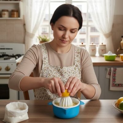 Presse agrumes manuel utilisé par une femme en cuisine