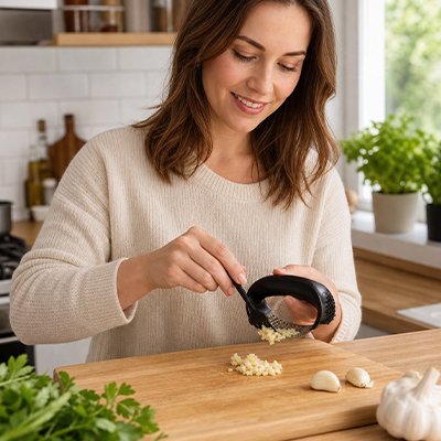 Presse ail ail'ine utilisé par une femme dans une cuisine