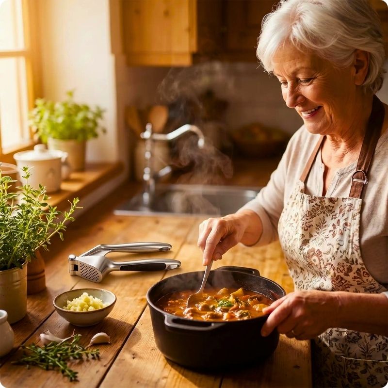 Presse ail confort'ine posé à côté d'une mamie qui fait le cuisine