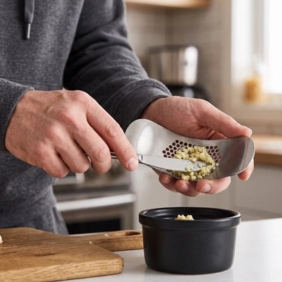 Presse-ail utilisé par un homme en cuisine