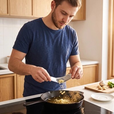 Presse-ail utilisé par un homme qui cuisine avec de l'ail