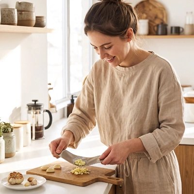 Presse-ail utilisé par une femme en cuisine