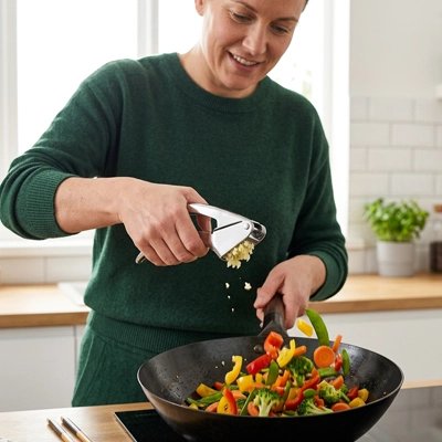 Presse ail utilisé par une femme qui presse de l'ail en cuisine