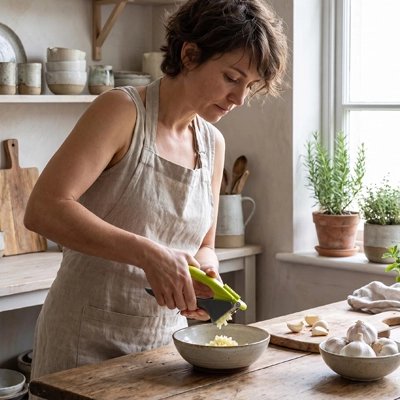Presse ail utilisé pour presser de l'ail par une femme en cuisine