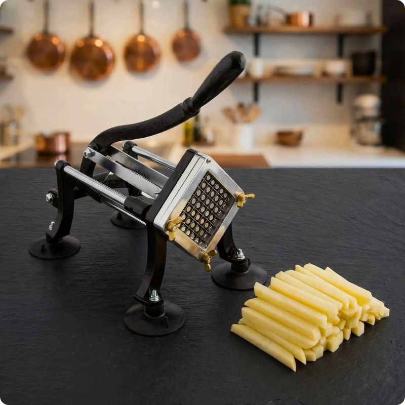 presse frite chef pro sur table avec frites coupées devant
