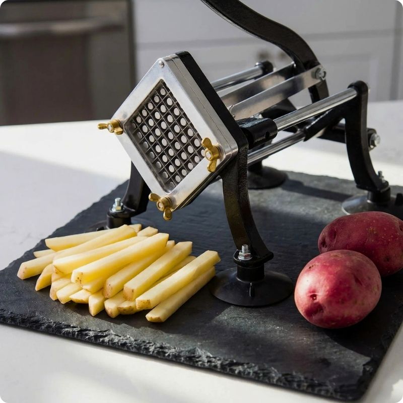 presse frite chef pro posé sur une ardoise avec frites coupées devant