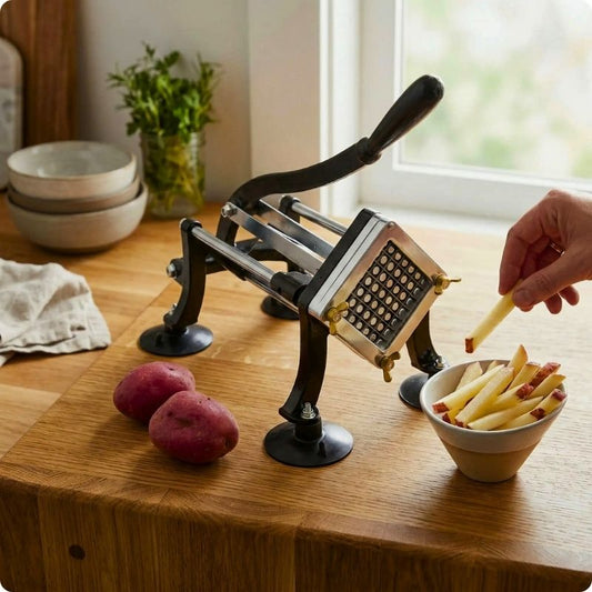 presse frite chef pro sur table avec bol remplit de frites devant