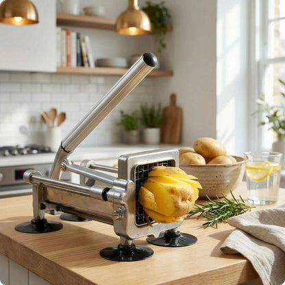Presse frite power frit'ine sur planche avec frites qui sortent appareil