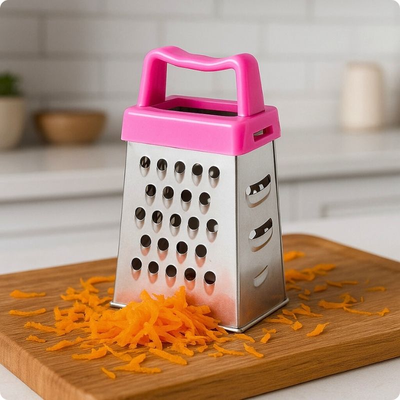 Râpe à carotte posée sur une planche à côté d'un tas de carottes rapées