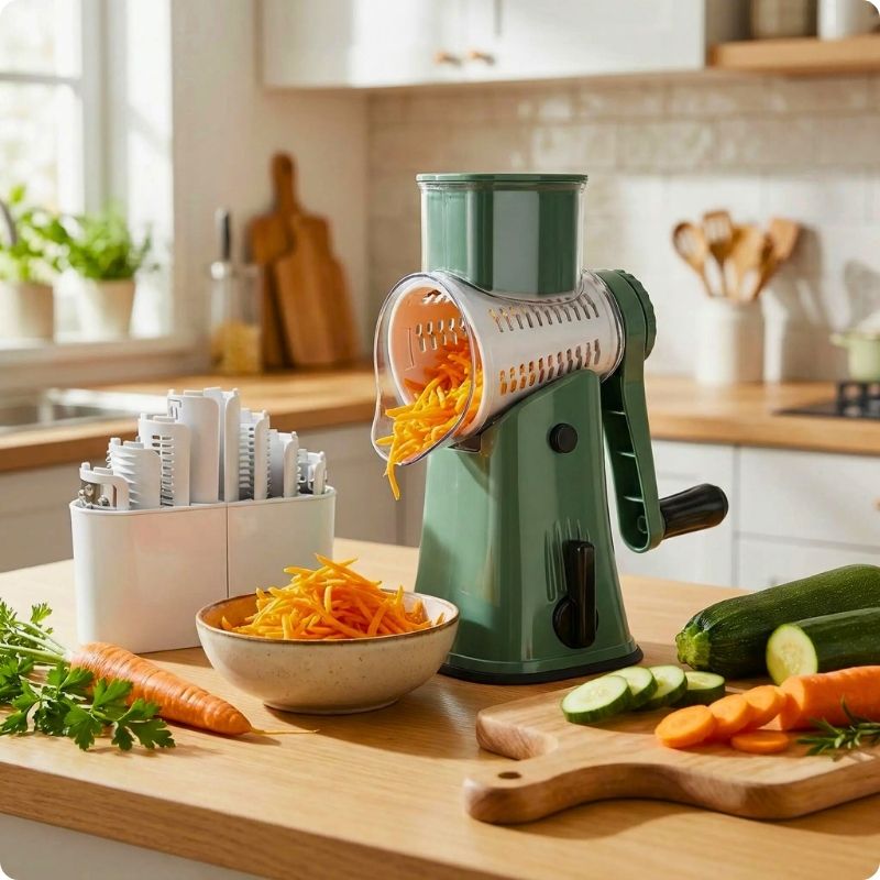 Râpe à carottes manuelle posée sur plan de travail avec ses lames